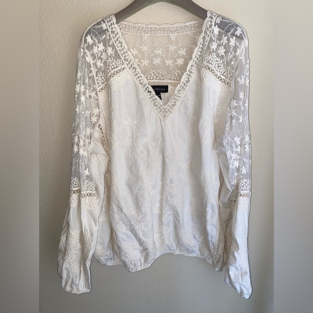 Lane Bryant Beige Long Sleeve Lace and Cotton Blouse